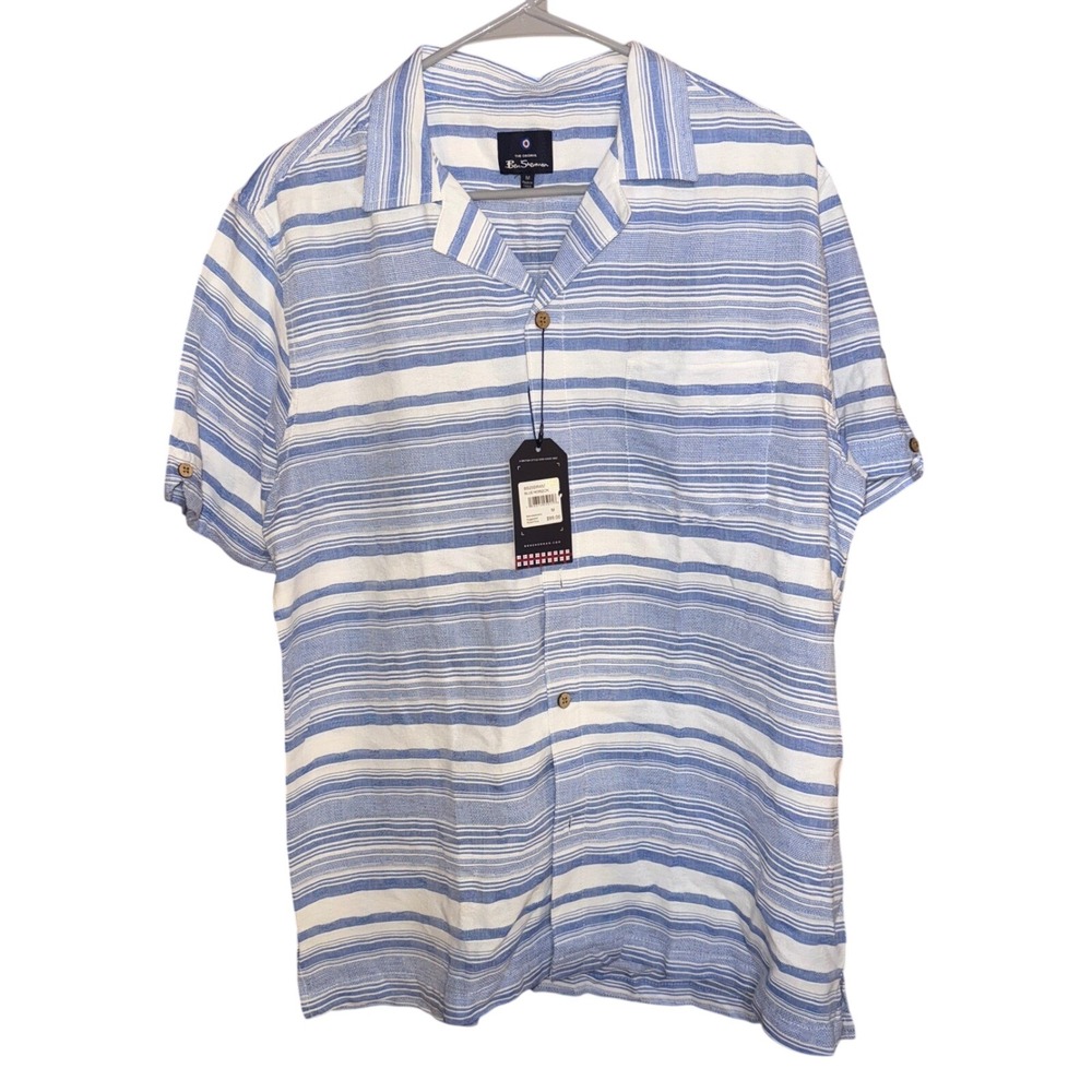 Ben Sherman Blue Horizon Striped Camp Shirt Mens Size M Short‎ Sleeve
